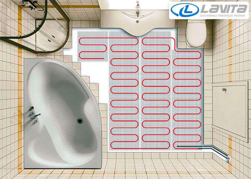 Пример монтажа двухжильного нагревательного мата теплого пола Lavita UHC-16 в ванной комнате